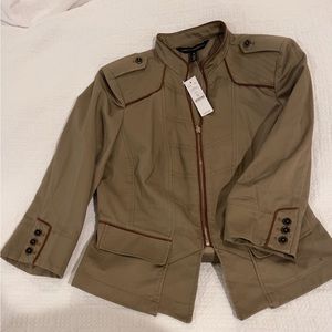 Brand new jacket. Deep olive color with brown suade trim.